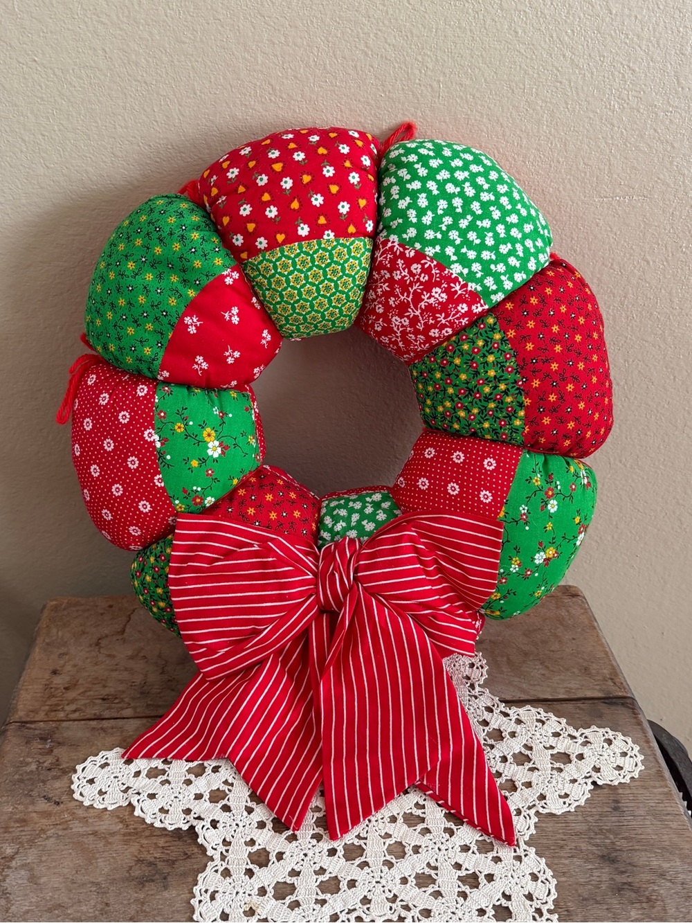 Vintage Red and Green Patchwork Holiday Wreath with Striped Bow